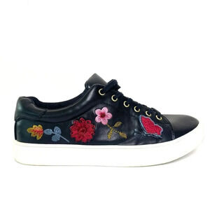 Nanette Lepore Wildflower Embroidered Sneakers Black Faux Leather Women's 10M